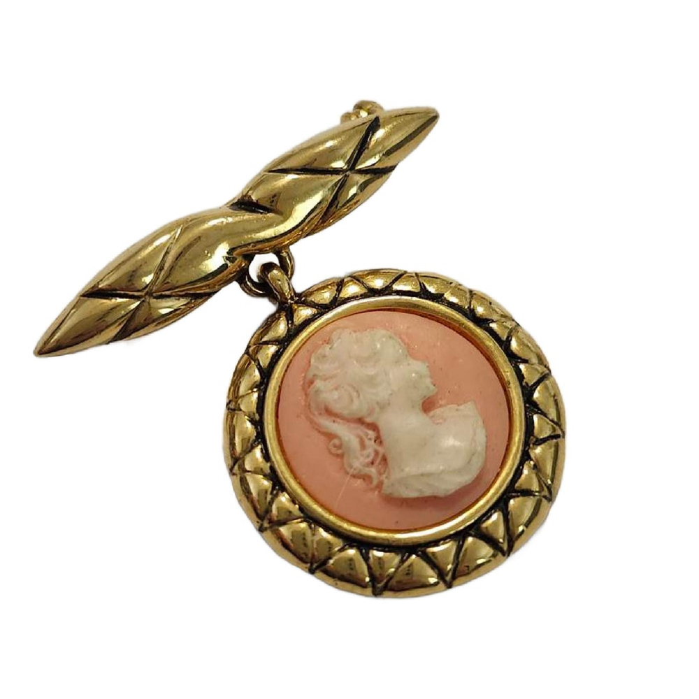 Vintage Bow Top Pink Cameo Brooch, Victorian Style Pin, 1.5" L - Picture 1 of 11